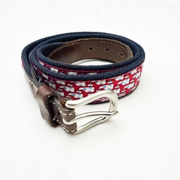 Vineyard Vines Whale Printed Navy Belt Brown Leather Accents Size 30